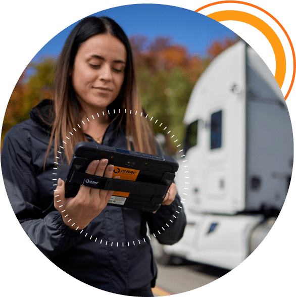 Sustainability - Girl holding ISAAC tablet next to truck ISAAC Instruments ELD logbook